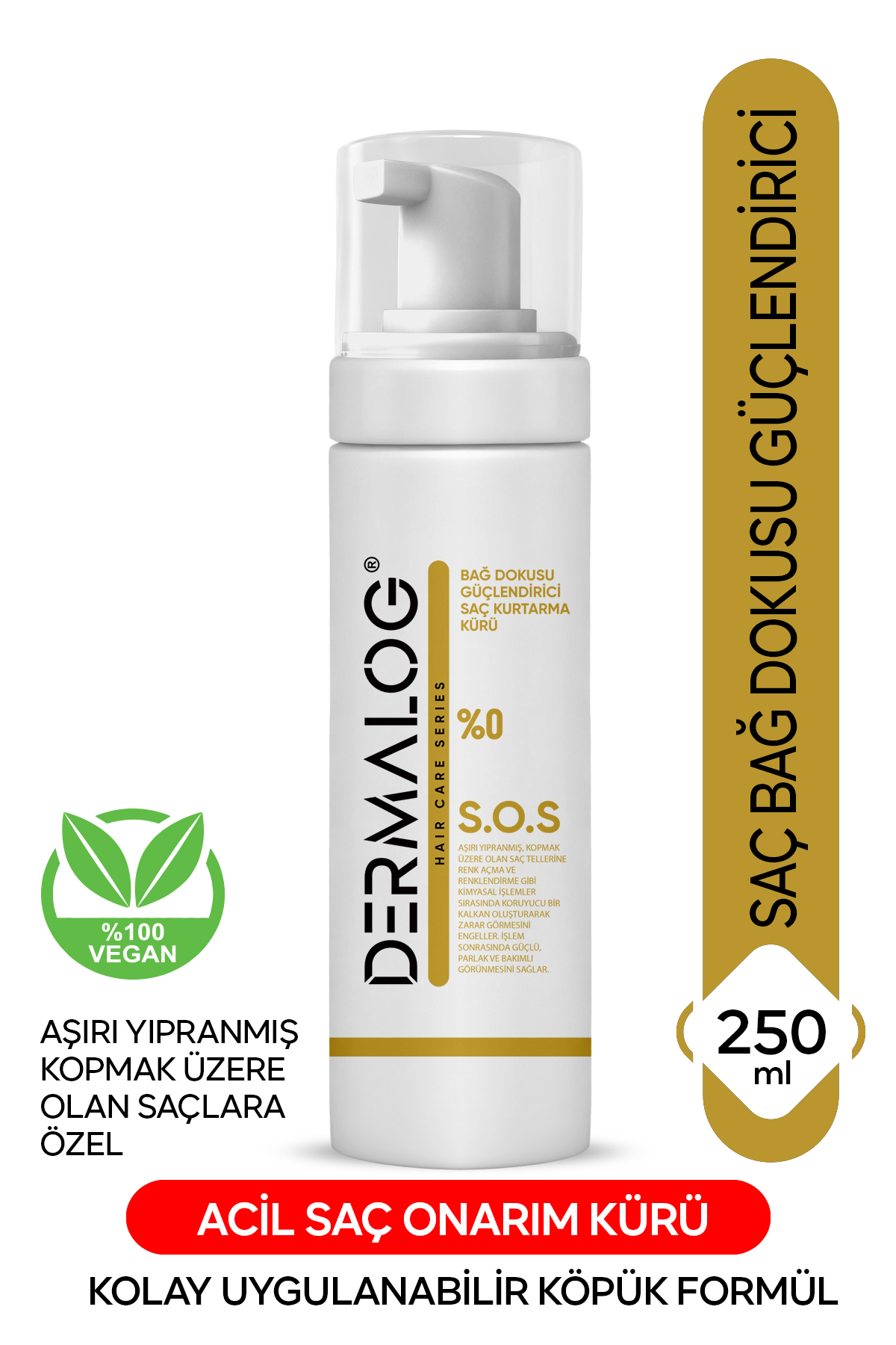 DERMALOG Yanmış Kopmuş Esneyen Saçlar Için Bağ Güçlendirici Saç Kurtarma Kürü & S.O.S Onarıcı Saç Bakım Köpüğü 250 ml